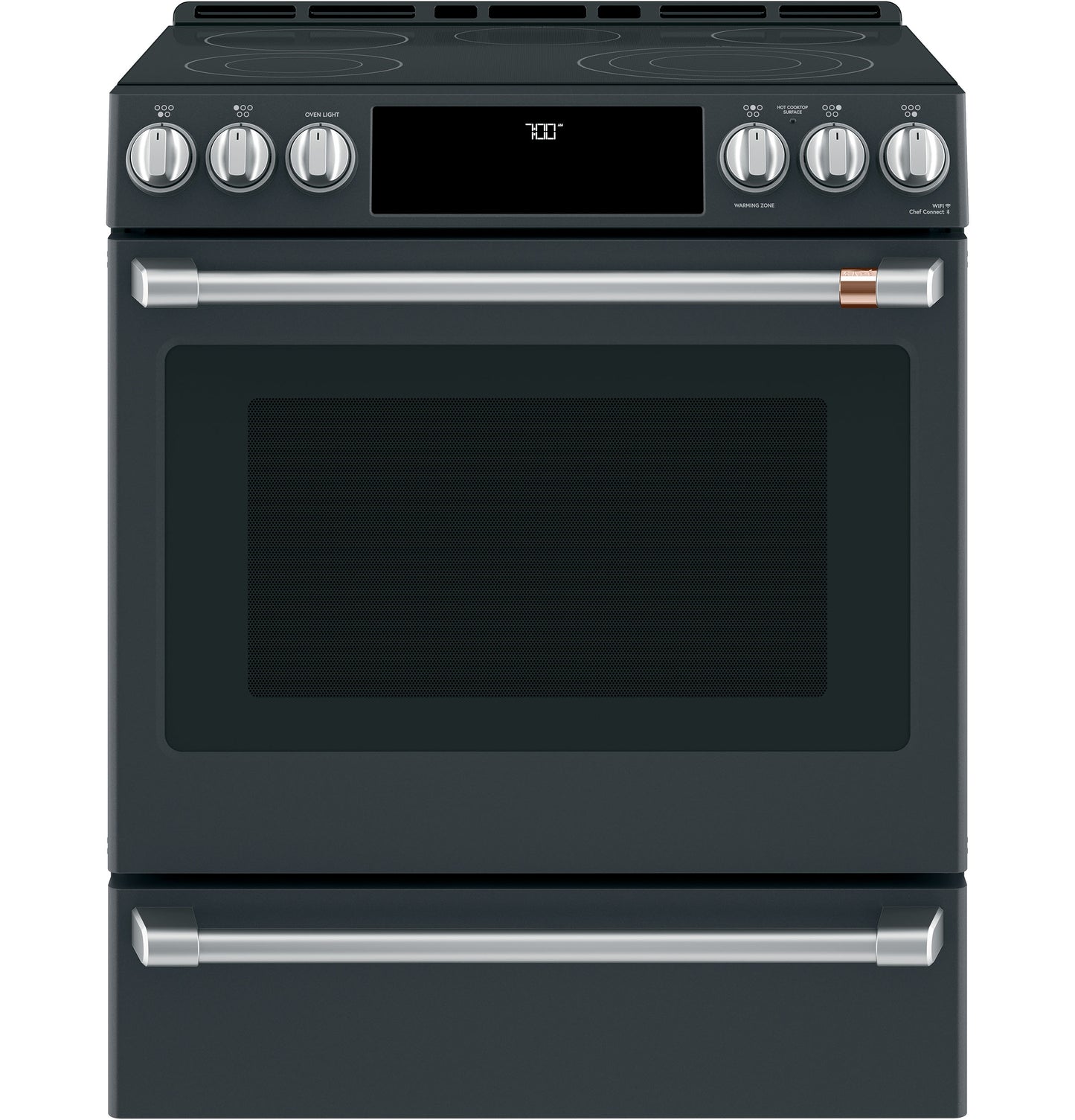Dark gray slide-in electric range with front controls, radiant cooktop, digital display, and stainless steel handles in ranges collection