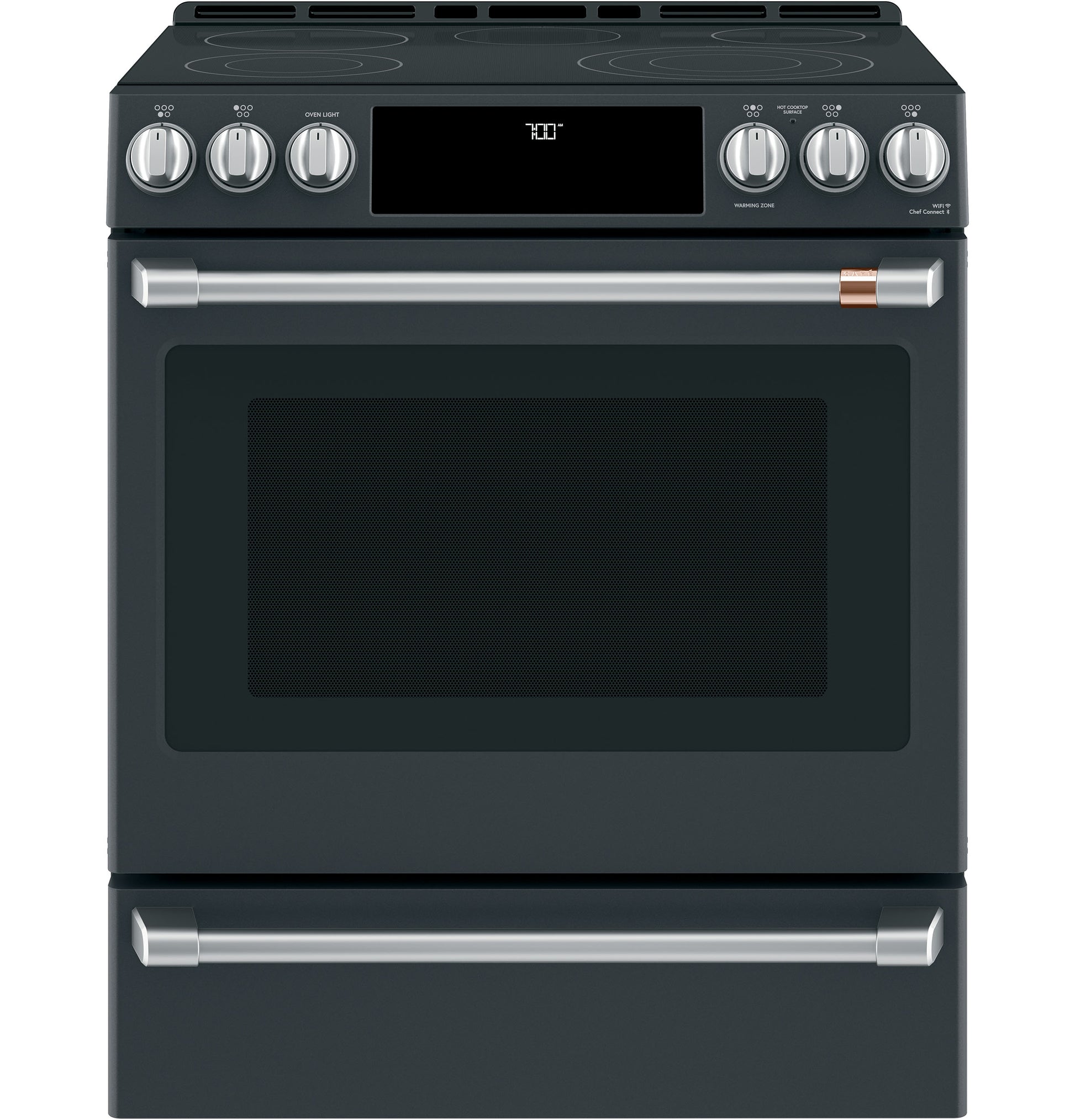 Dark gray slide-in electric range with front controls, radiant cooktop, digital display, and stainless steel handles in ranges collection