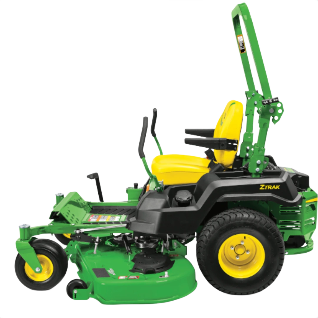 Side view of green and yellow John Deere mower with 48-inch deck for efficient lawn care and home improvement tasks