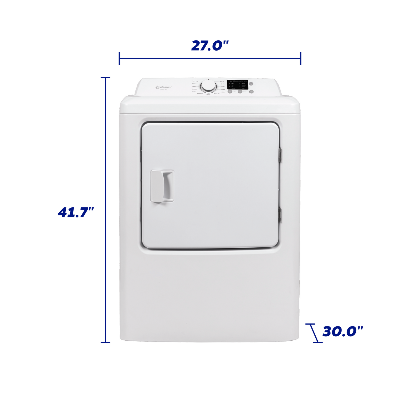 White front load electric dryer with control dial and digital display, showing installation dimensions from Dryers collection.