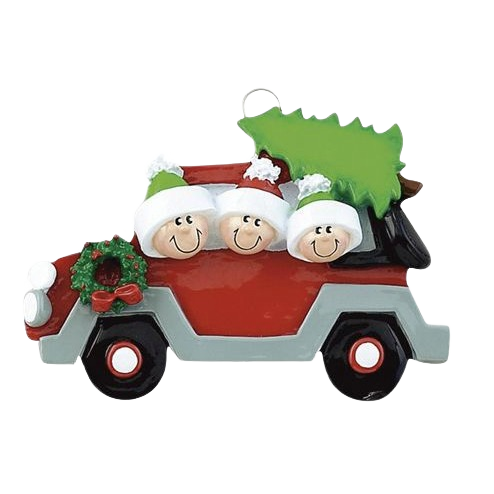 Festive family of three wearing Santa hats in red car with Christmas tree and wreath ornament for holiday décor under $50