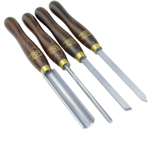 Set of four wood-turning tools with polished steel blades and brown wooden handles for woodworking and home improvement tasks