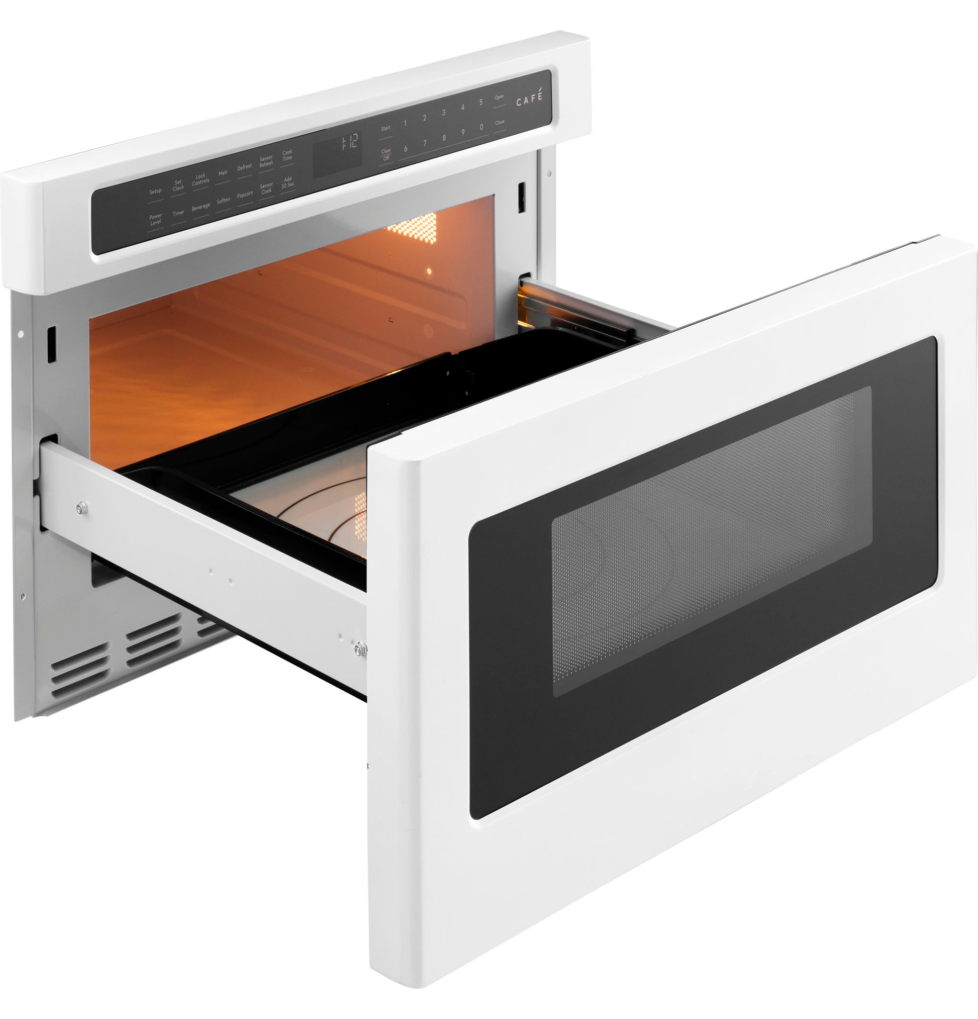 White built-in microwave drawer oven with digital control panel and open sliding drawer for kitchen appliance collections