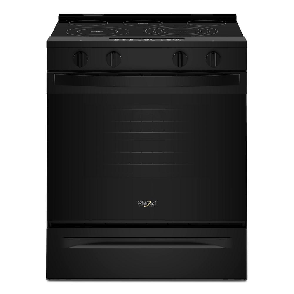 Black 30-inch electric range with smooth cooktop, control knobs, and air cooking technology in kitchen appliances collection