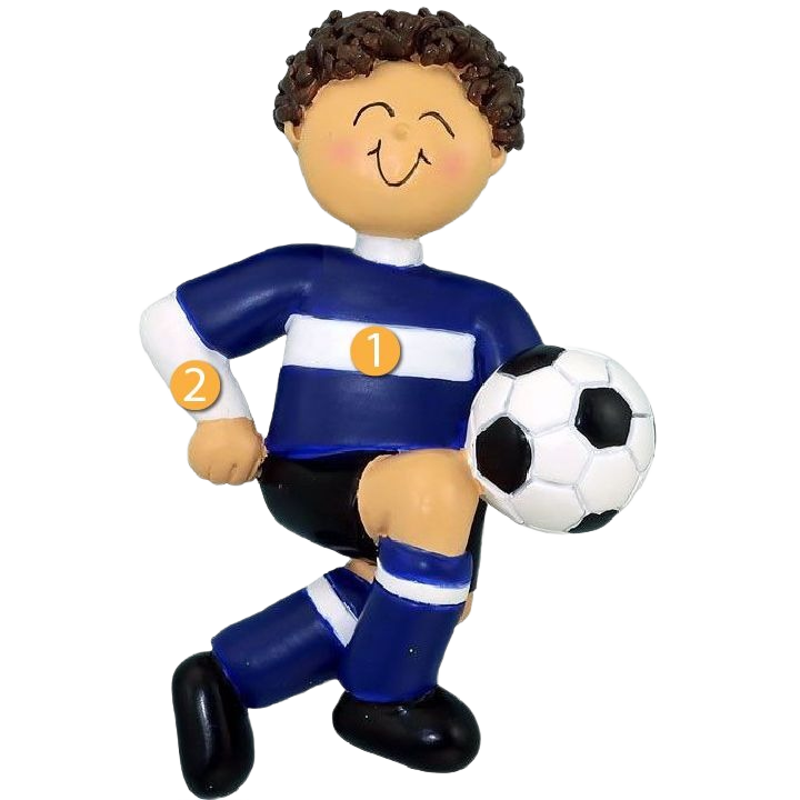 Brunette boy figurine in blue and white soccer uniform holding soccer ball from Christmas Ornaments & Tree Decorations collection