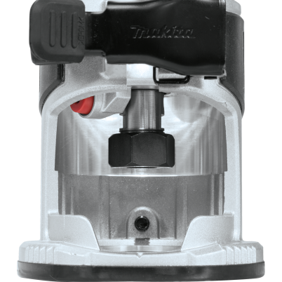 Front view of Makita cordless compact router base with metal components for precise woodworking tasks