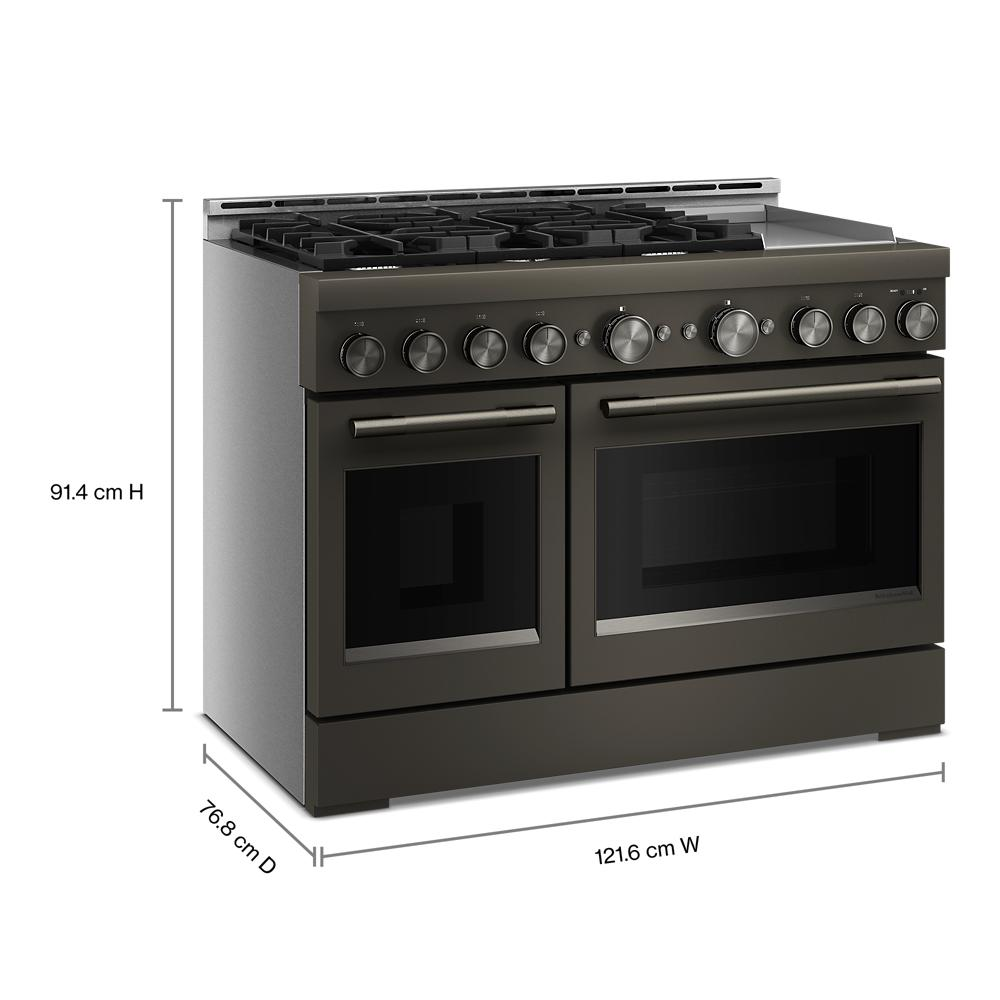 48-inch commercial-style gas range with six burners and dual ovens featuring stainless steel and black finish