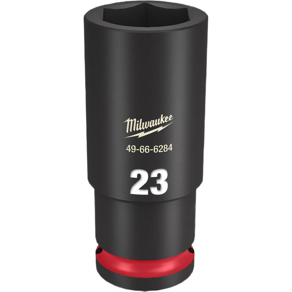 Black impact socket with 23mm size marking, red base ring, and Milwaukee logo for hand tools and socket collections under $50