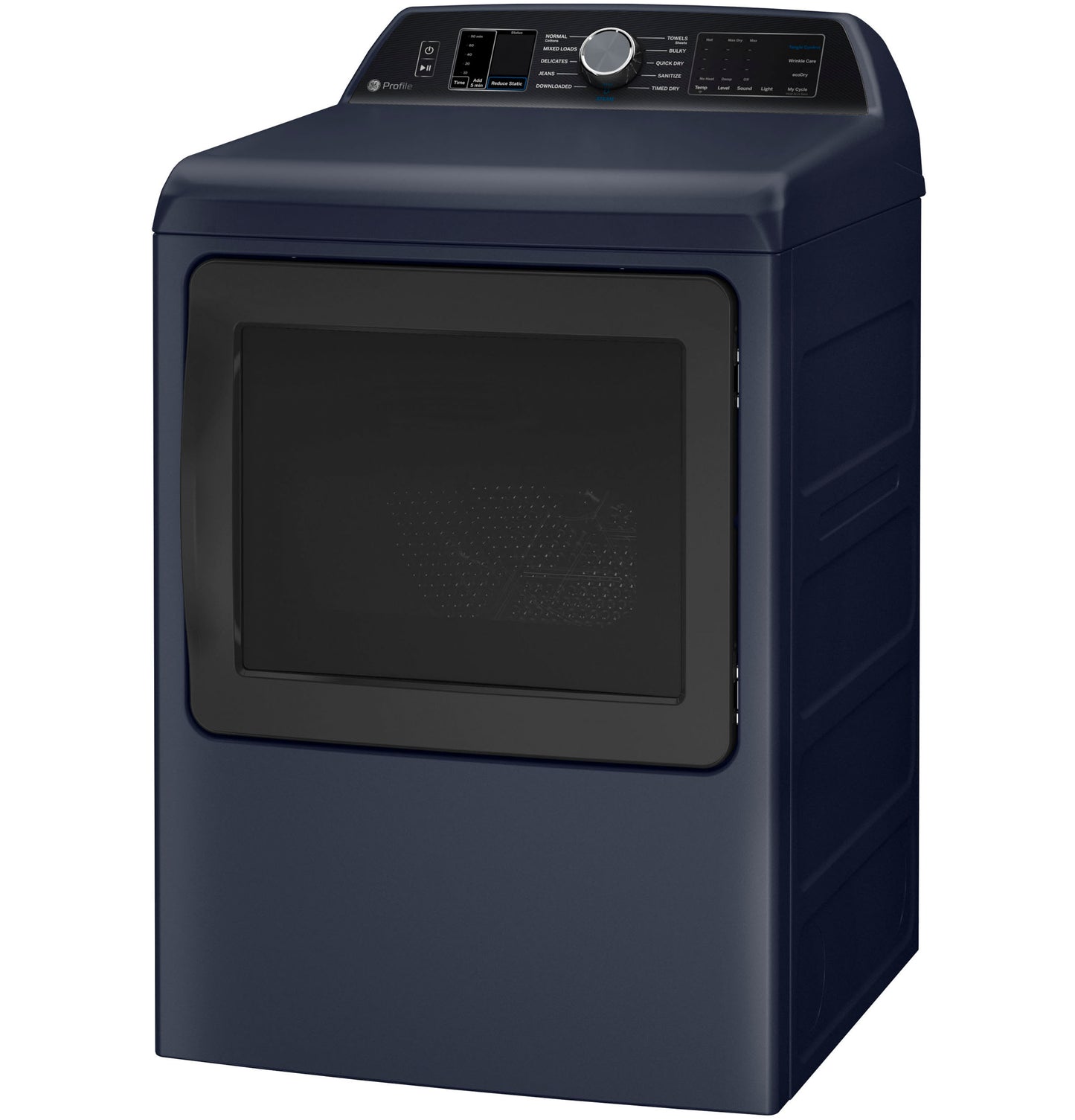 Navy blue smart gas dryer with large window door and digital control panel in Dryers and Appliances collections