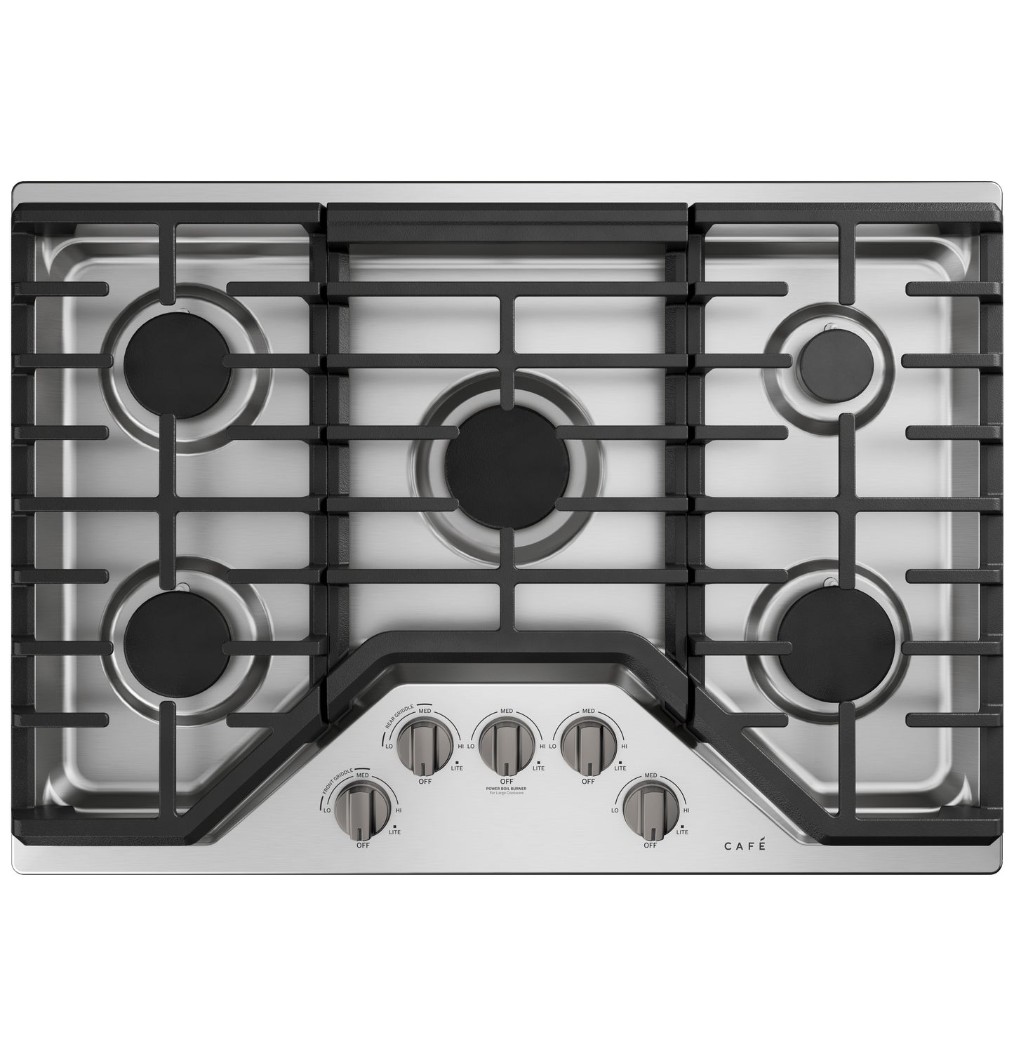 Top view of stainless steel gas cooktop with five burners and front control knobs in kitchen appliances collection