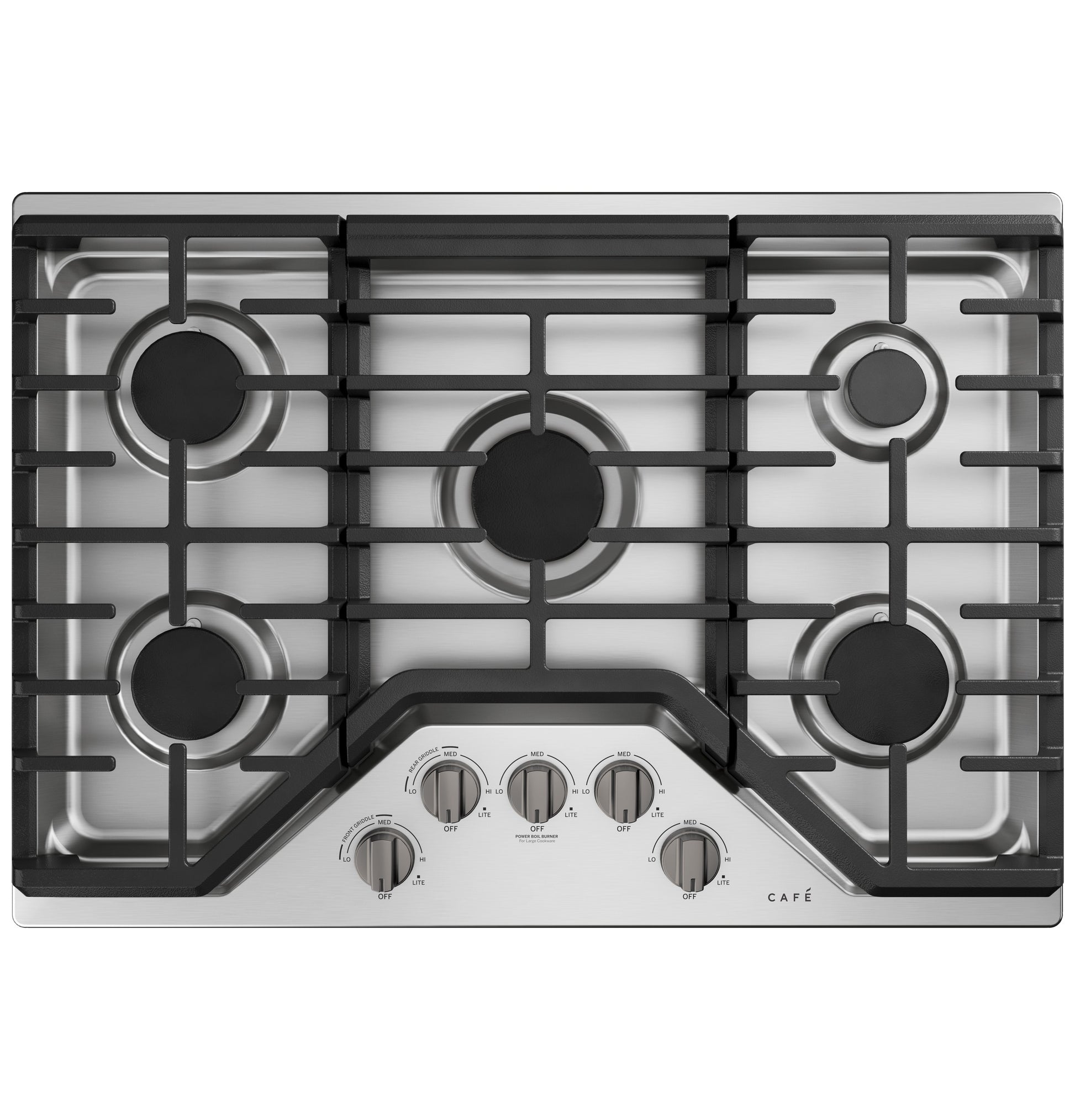 Top view of stainless steel gas cooktop with five burners and front control knobs in kitchen appliances collection