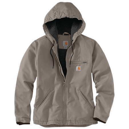 Taupe gray washed duck jacket for women with sherpa lining, loose fit, hood, and zippered chest pocket in outerwear collection