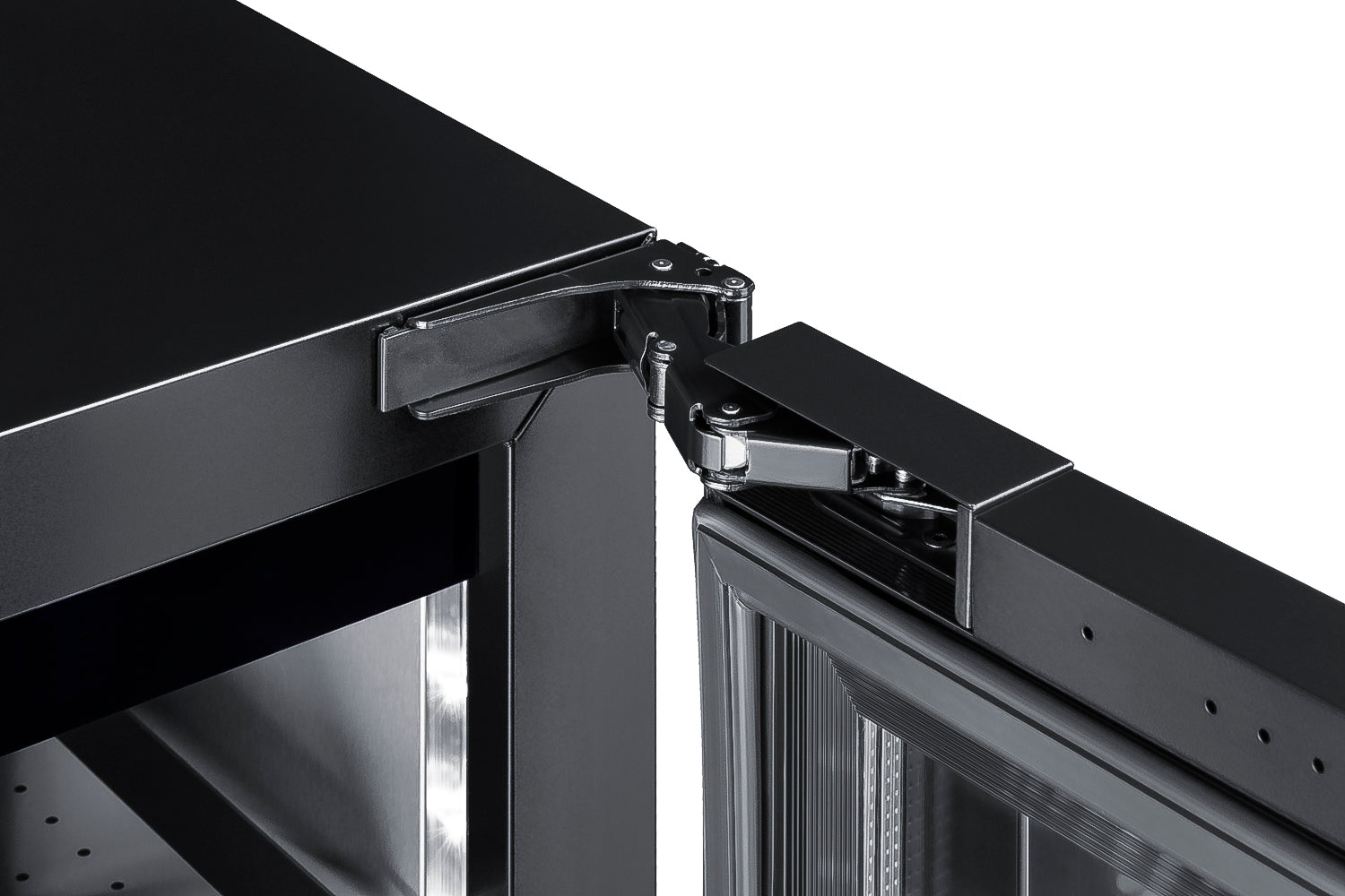 Close-up of beverage center door hinge and black frame showing sturdy construction and seamless integration with kitchen cabinetry
