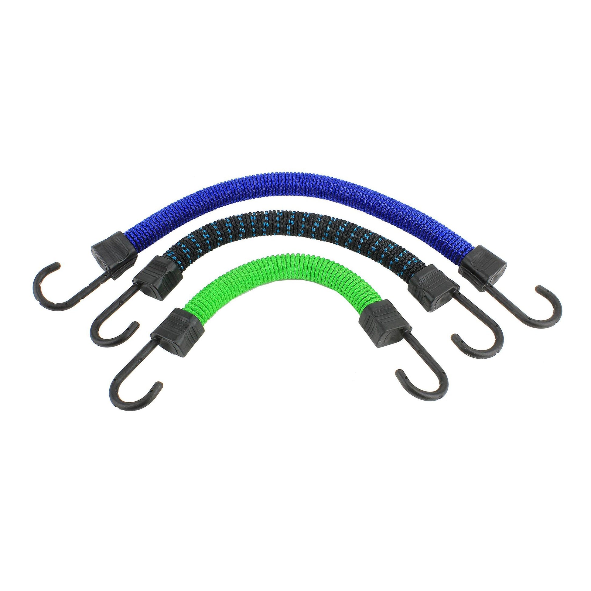 Set of three flexible bungee cords in blue, green, and black with plastic hooks for securing items in home improvement tasks