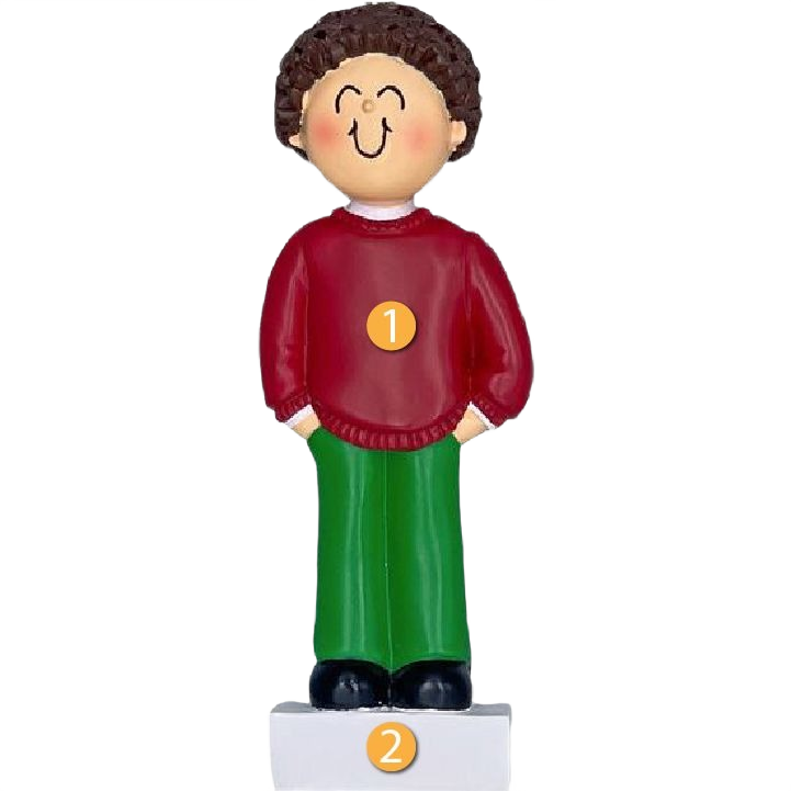 Personalized brunette boy ornament wearing festive red sweater and green pants from Christmas Ornaments & Tree Decorations collection