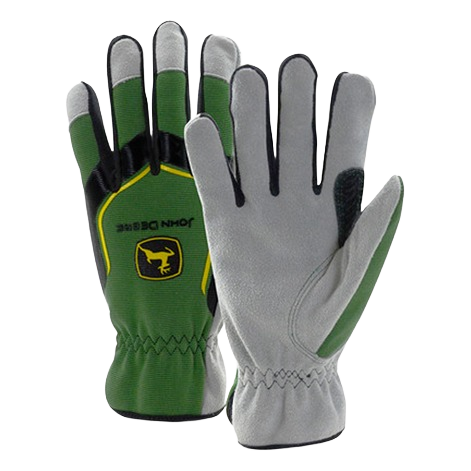 Pair of green and gray cowhide work gloves with spandex back and elastic wrist for tools and home improvement tasks