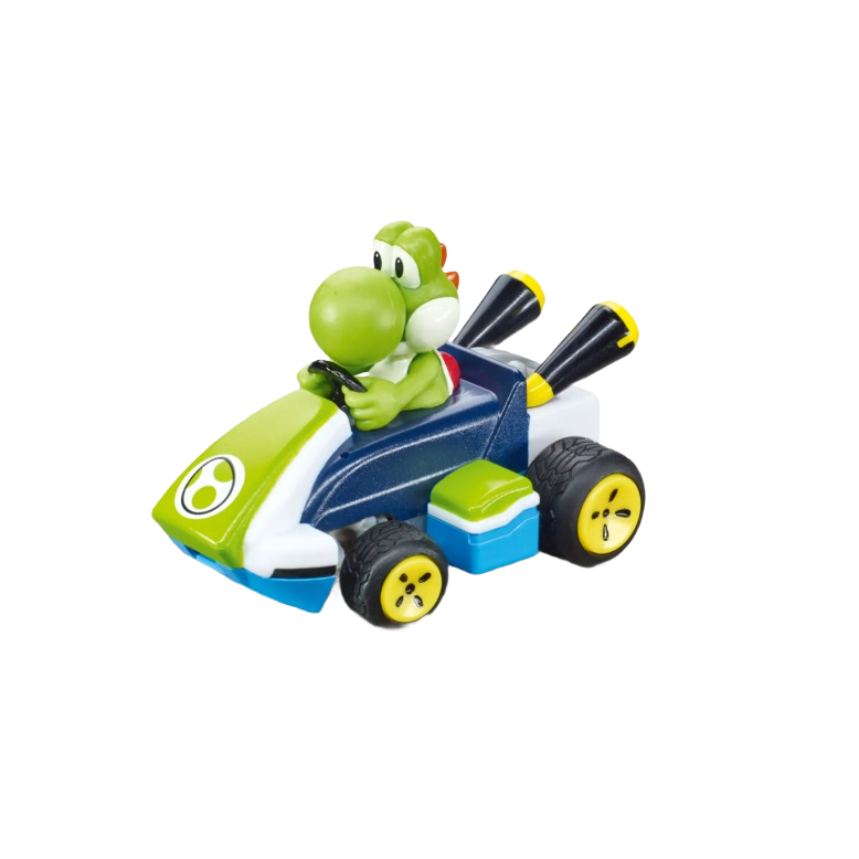 Compact green Yoshi figure driving a colorful mini remote control race car with black and yellow wheels