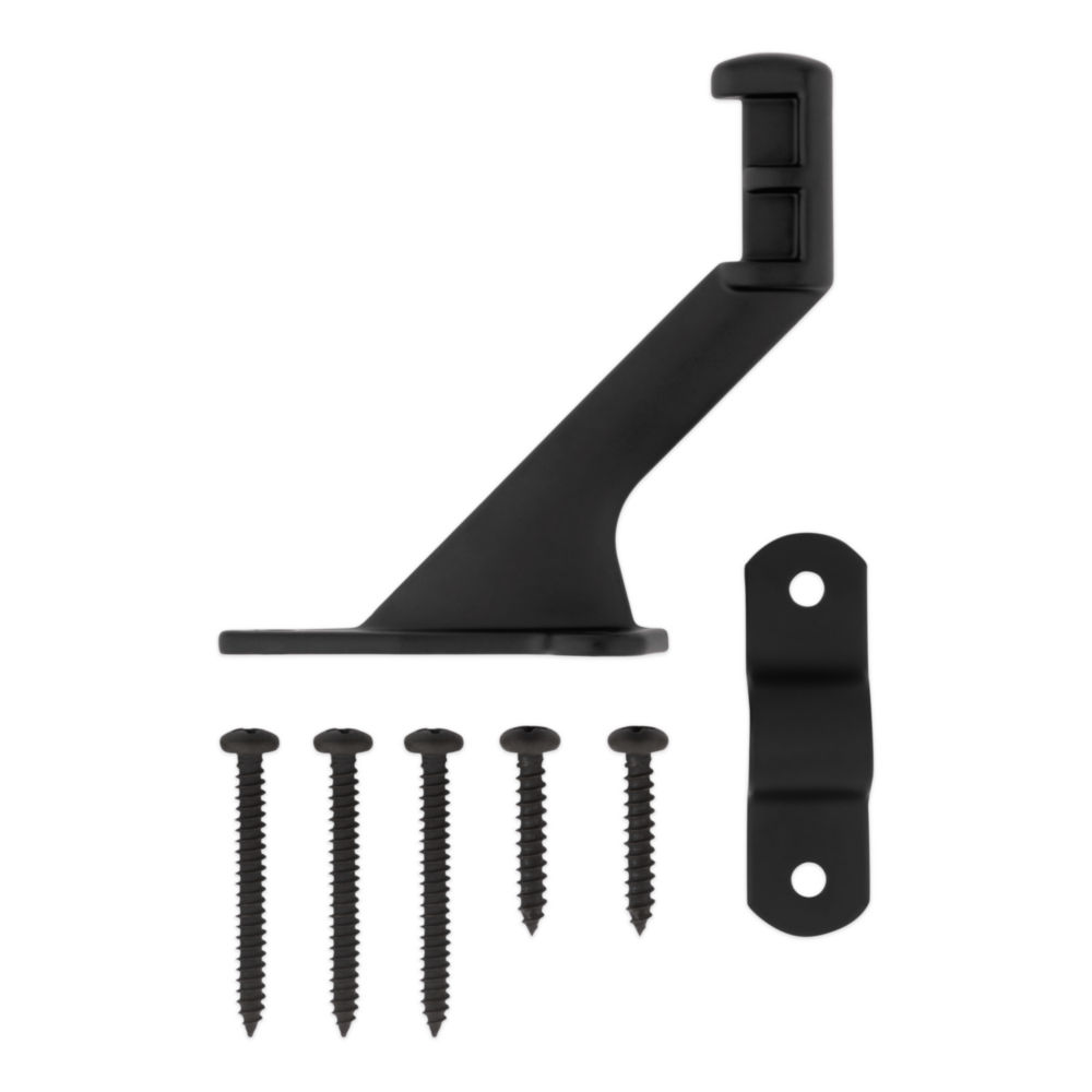 Matte black wall-mounted handrail bracket with mounting plate and screws for home improvement and shelving accessories.