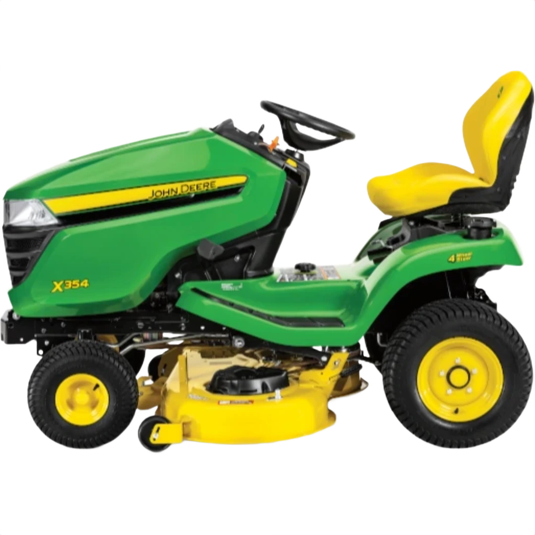 Green and yellow riding lawn tractor with comfortable seat and 42-inch cutting deck for outdoor power equipment and lawn care