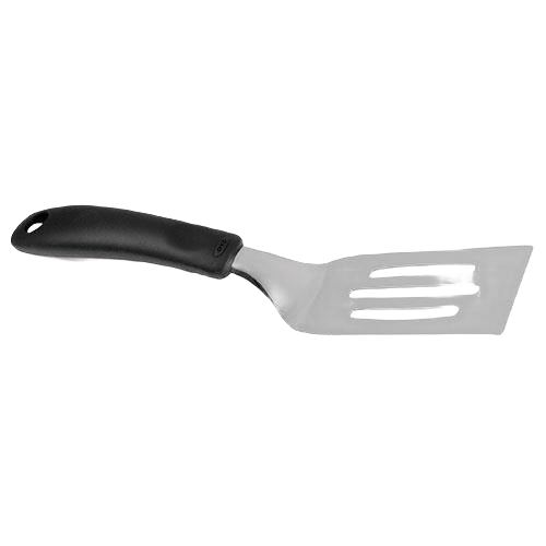 Stainless steel turner with black ergonomic handle for easy flipping and serving in kitchen utensils and gadgets collections