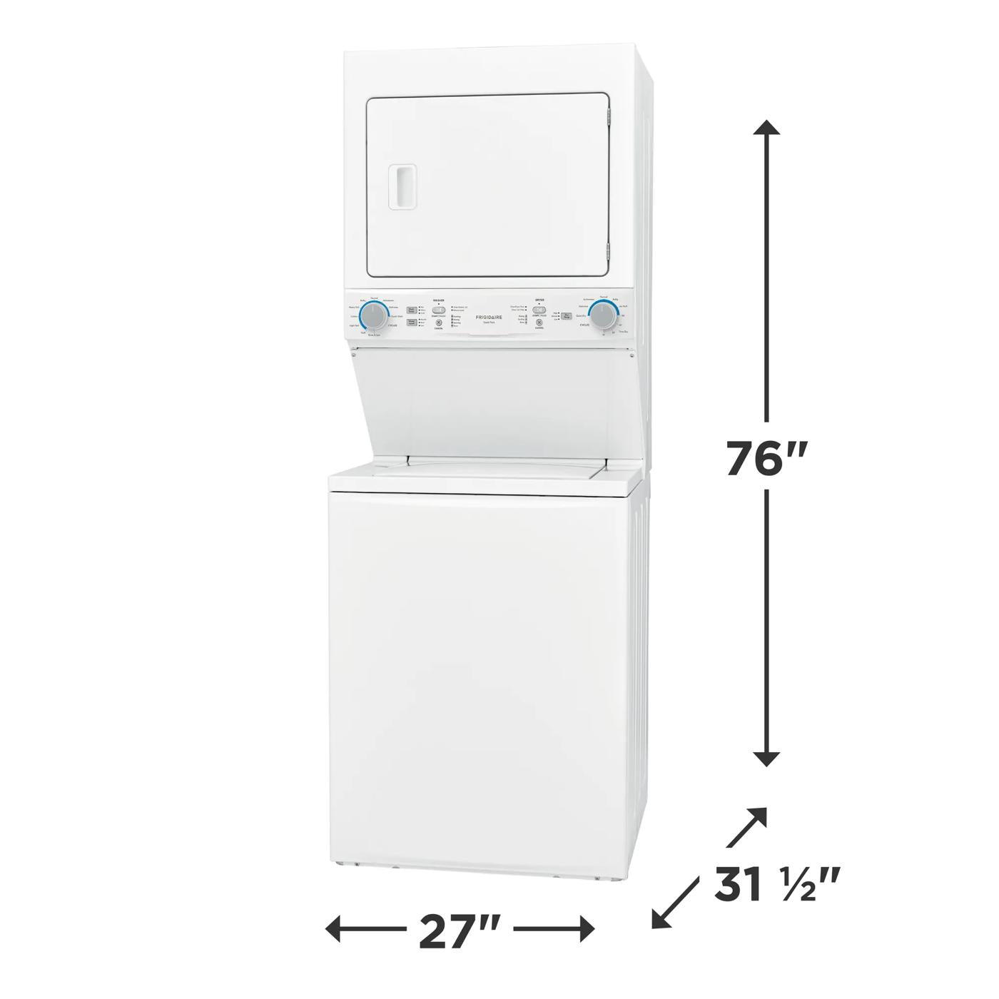 White electric stacked washer and dryer combo with top-load washer and front-load dryer, part of appliance laundry centers at Hartville Hardware.