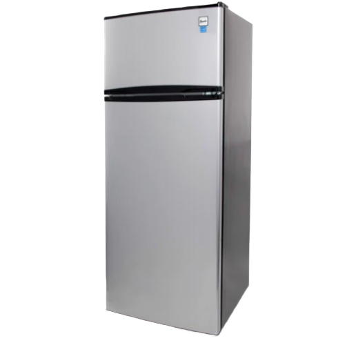 Slim silver apartment refrigerator with separate top freezer, smooth finish ideal for small spaces in Refrigerators and Appliances collections