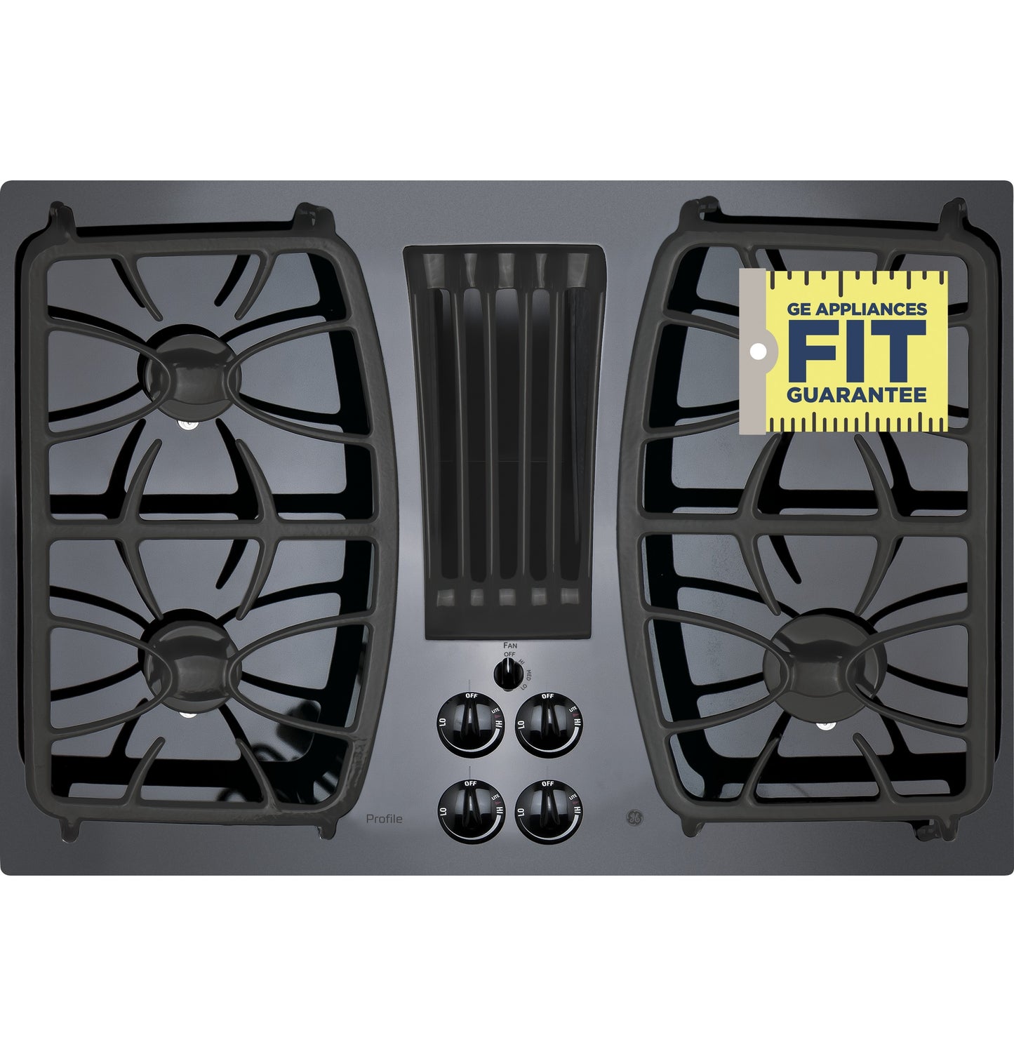 Black gas cooktop with four burners, central downdraft vent, and control knobs from Cooktops and Kitchen & Kitchenware collections
