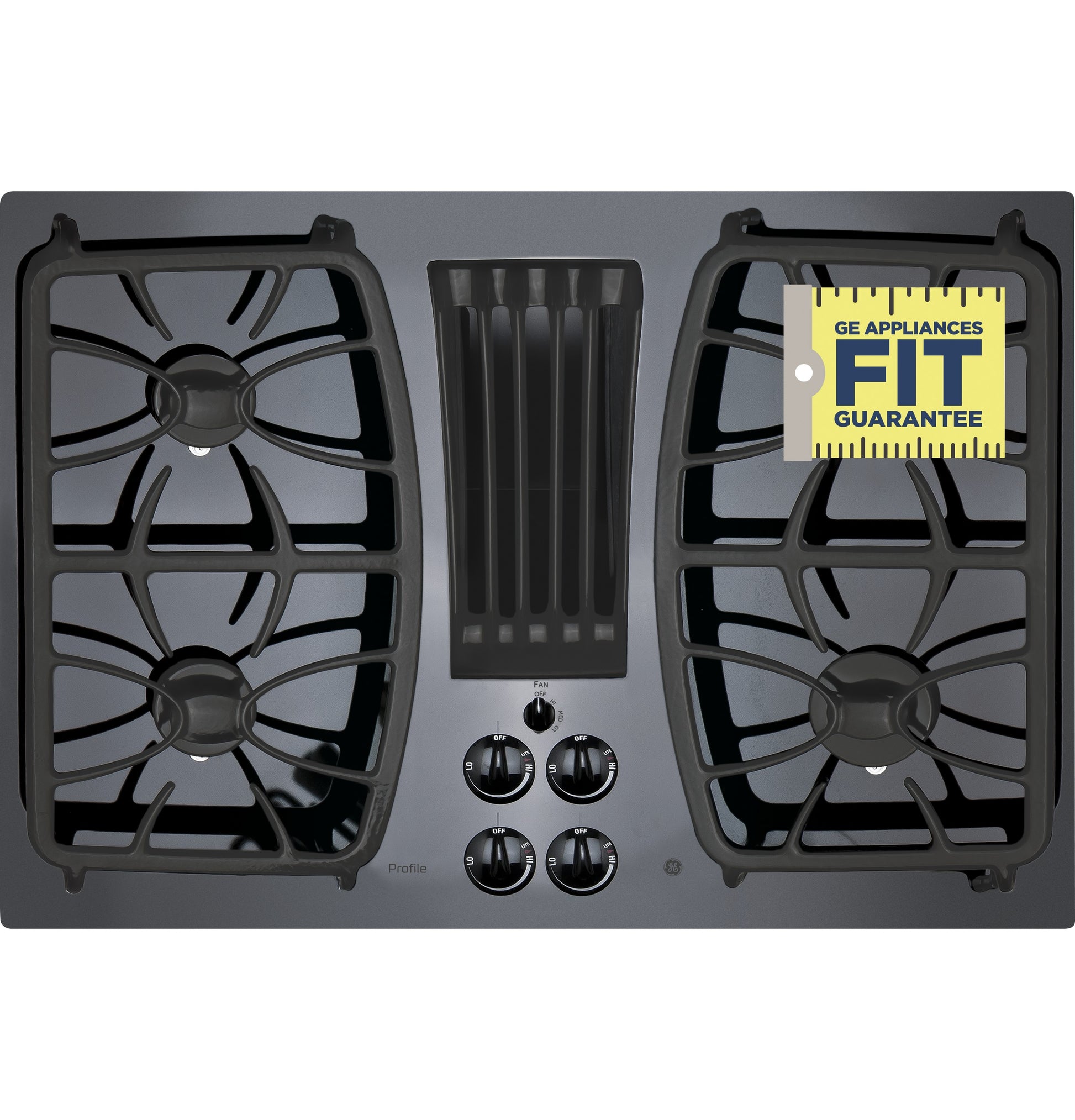 Black gas cooktop with four burners, central downdraft vent, and control knobs from Cooktops and Kitchen & Kitchenware collections