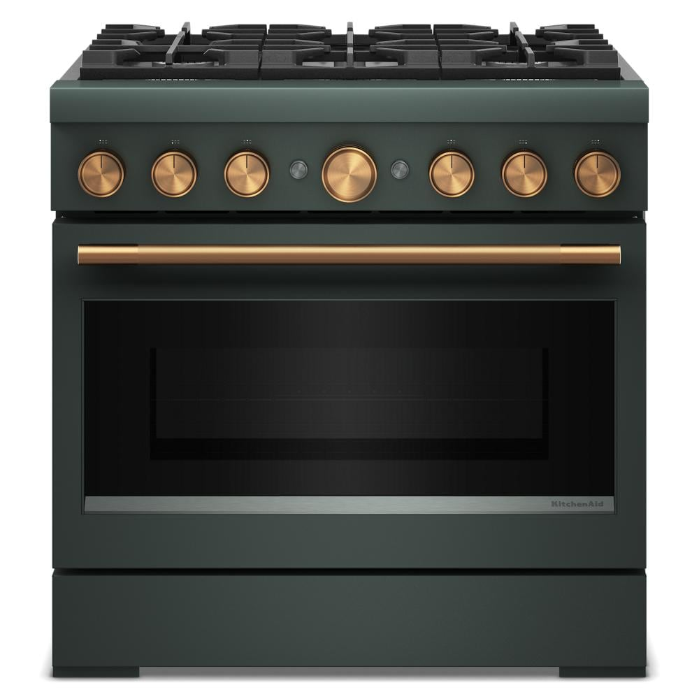 Front view of dark green dual fuel range with six burners and gold-toned knobs and handle from KitchenAid ranges collection
