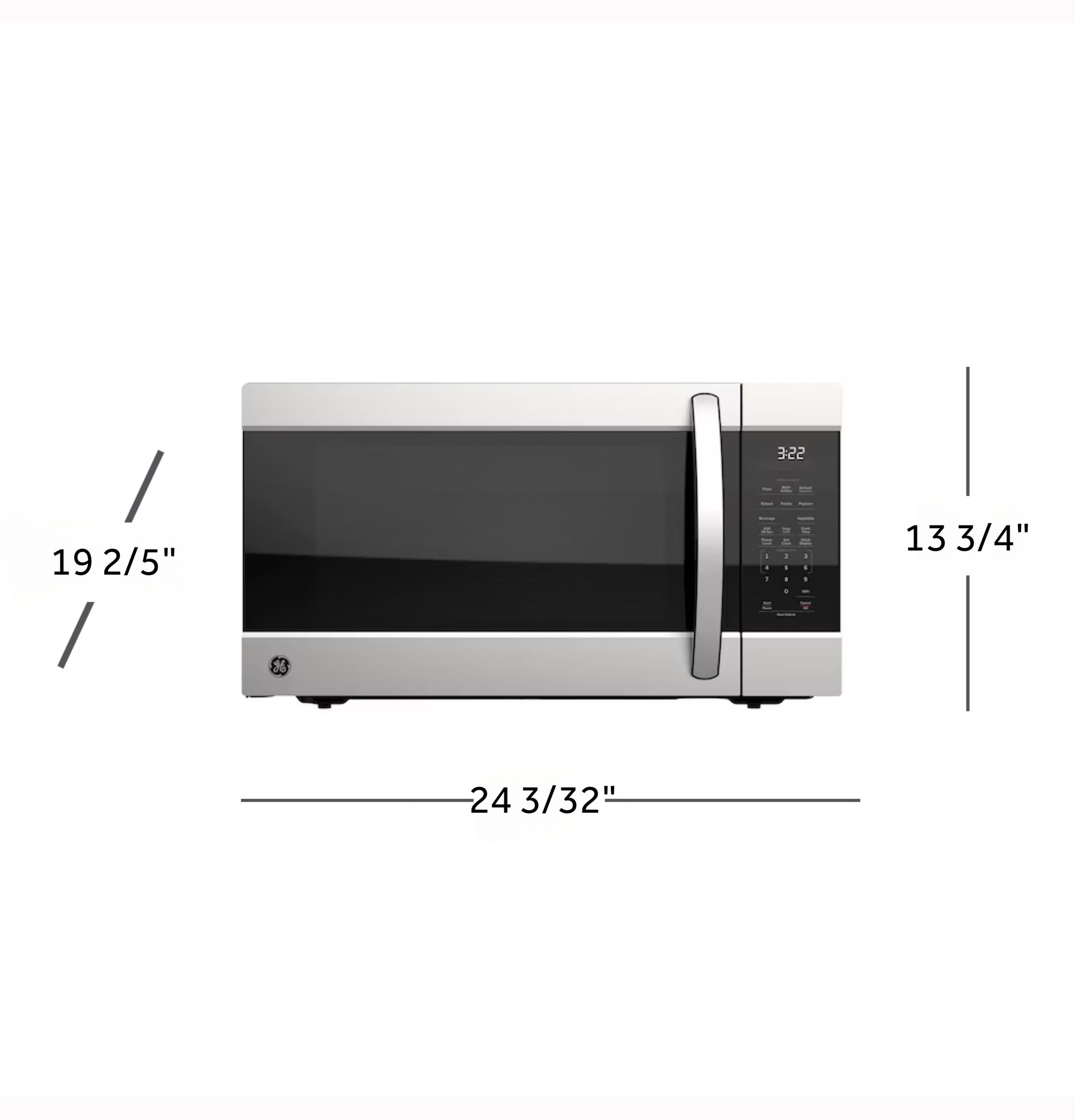 Stainless steel microwave oven with digital control panel and door handle with size dimensions displayed around it