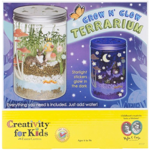 Children's craft kit with mason jar terrarium featuring plants, mushrooms, bunny figure, and glow-in-the-dark stickers in outdoor living collection
