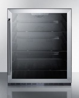 Built-in beverage refrigerator with left hinge door and metal handle for kitchen appliances and beverage centers collections