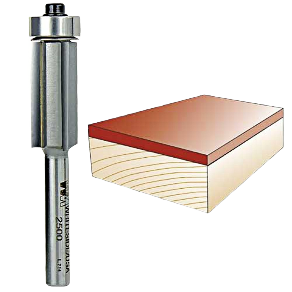 Carbide-tipped three flute flush trim router bit alongside cross-section of laminated wood for tool accessories and home improvement.