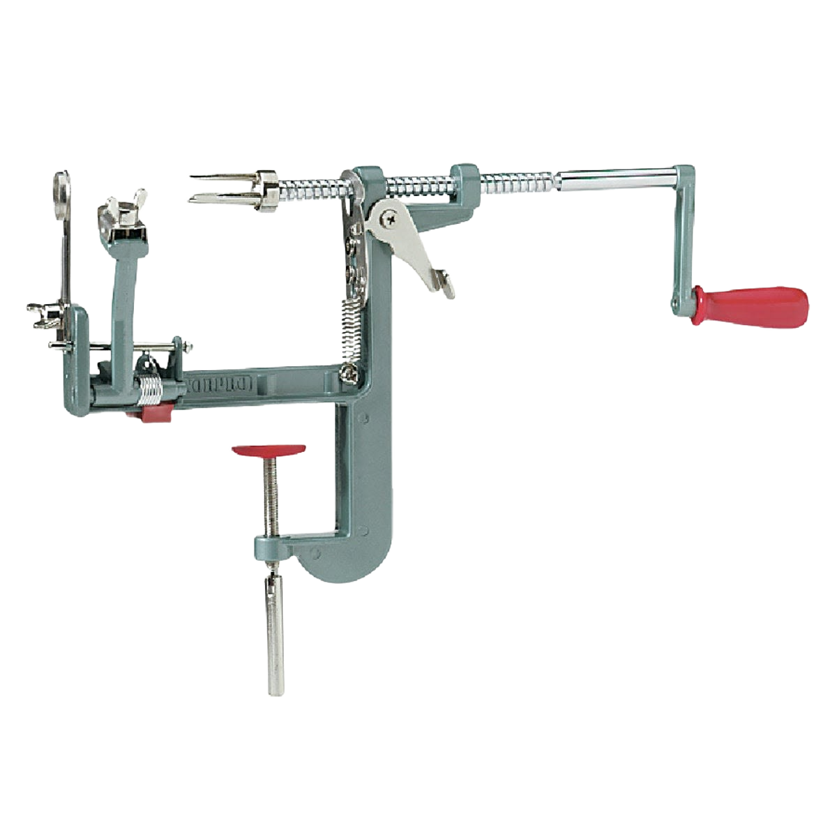 Clamp-on kitchen tool for peeling, coring, and slicing apples with stainless steel blade and red handle under $50