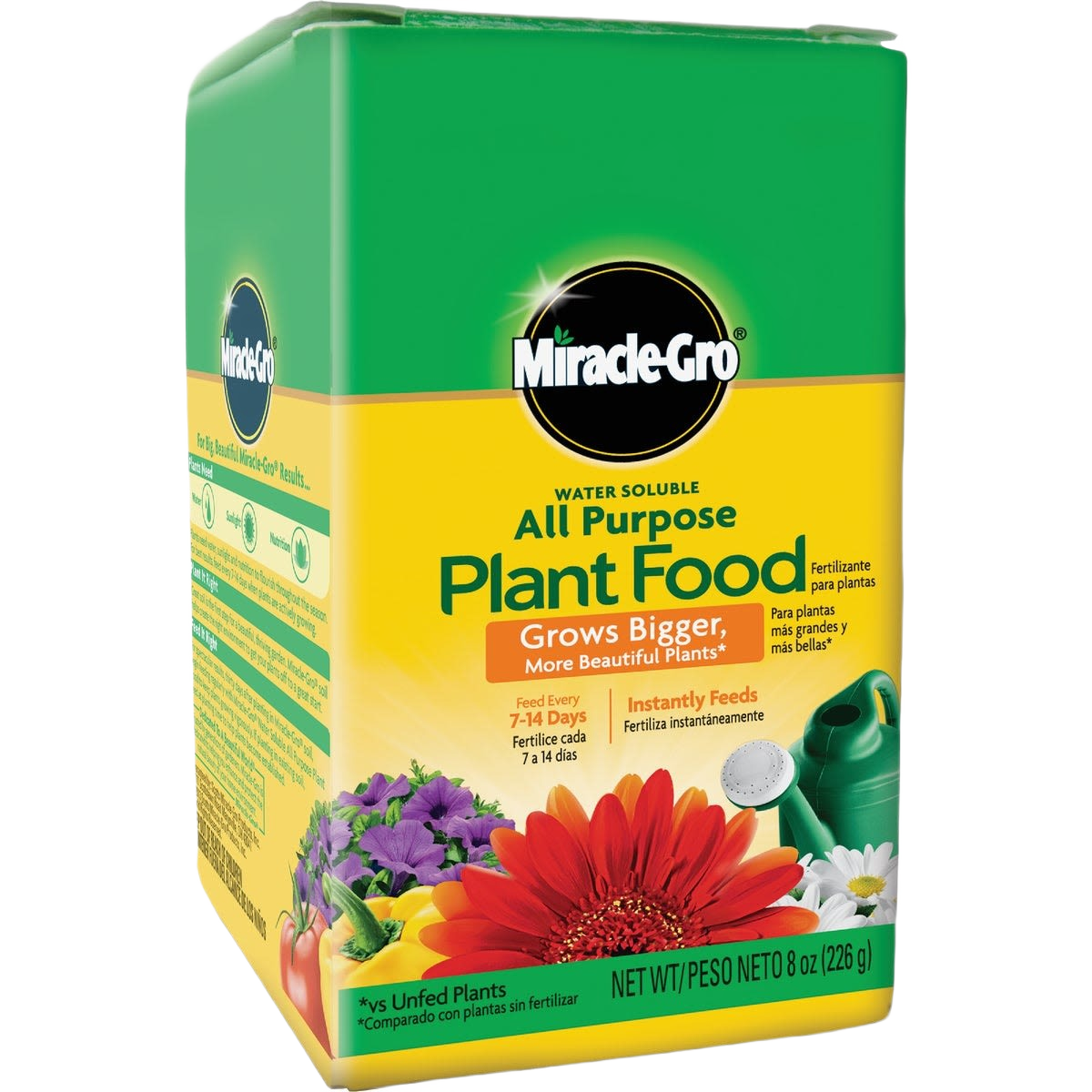 Green and yellow box of Miracle-Gro plant food with flowers and watering can for plant care and lawn and garden use