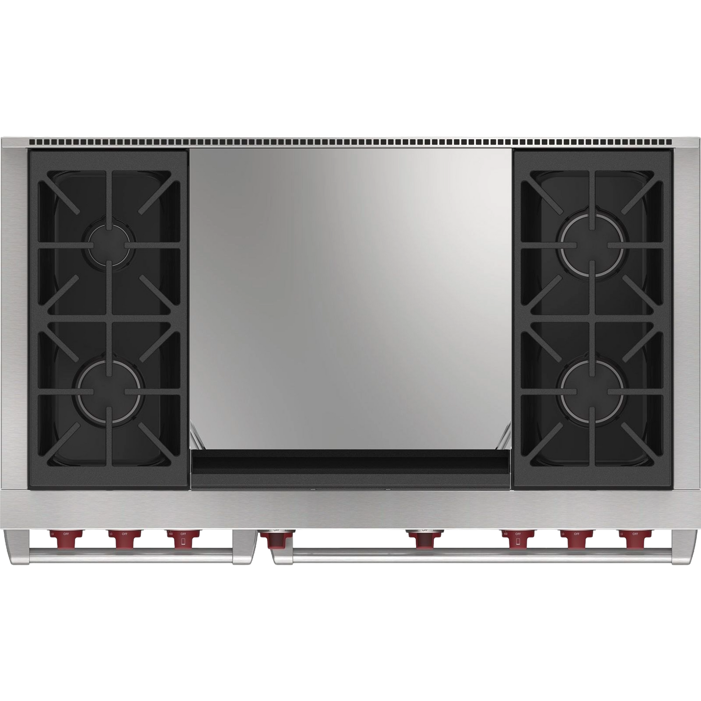Stainless steel 48-inch 4 burner dual fuel range with dual infrared griddle from ranges and kitchenware collection