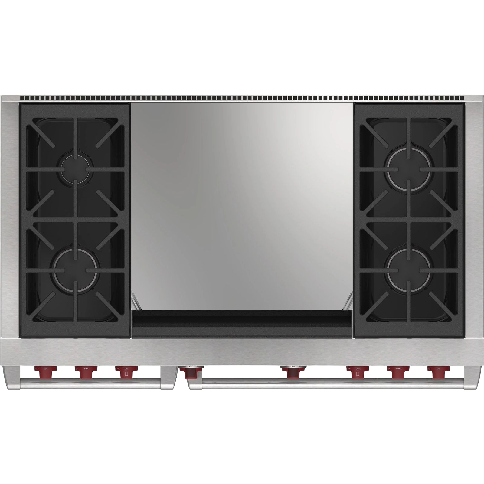 Stainless steel 48-inch 4 burner dual fuel range with dual infrared griddle from ranges and kitchenware collection