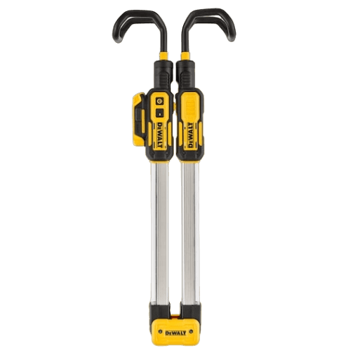 Yellow and black cordless hood work light with hooks and LED illumination for automotive and home improvement tasks
