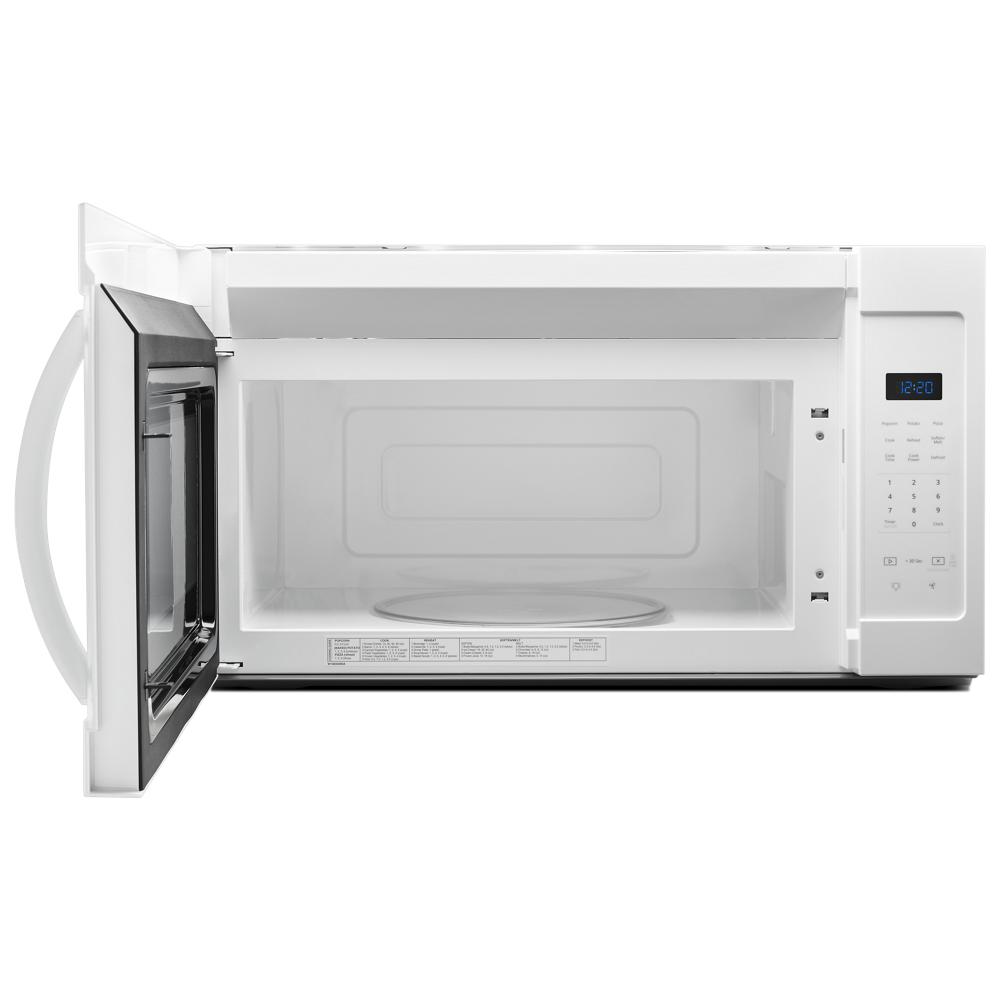 White microwave with open door showing turntable and digital electronic touch controls in kitchen appliances category