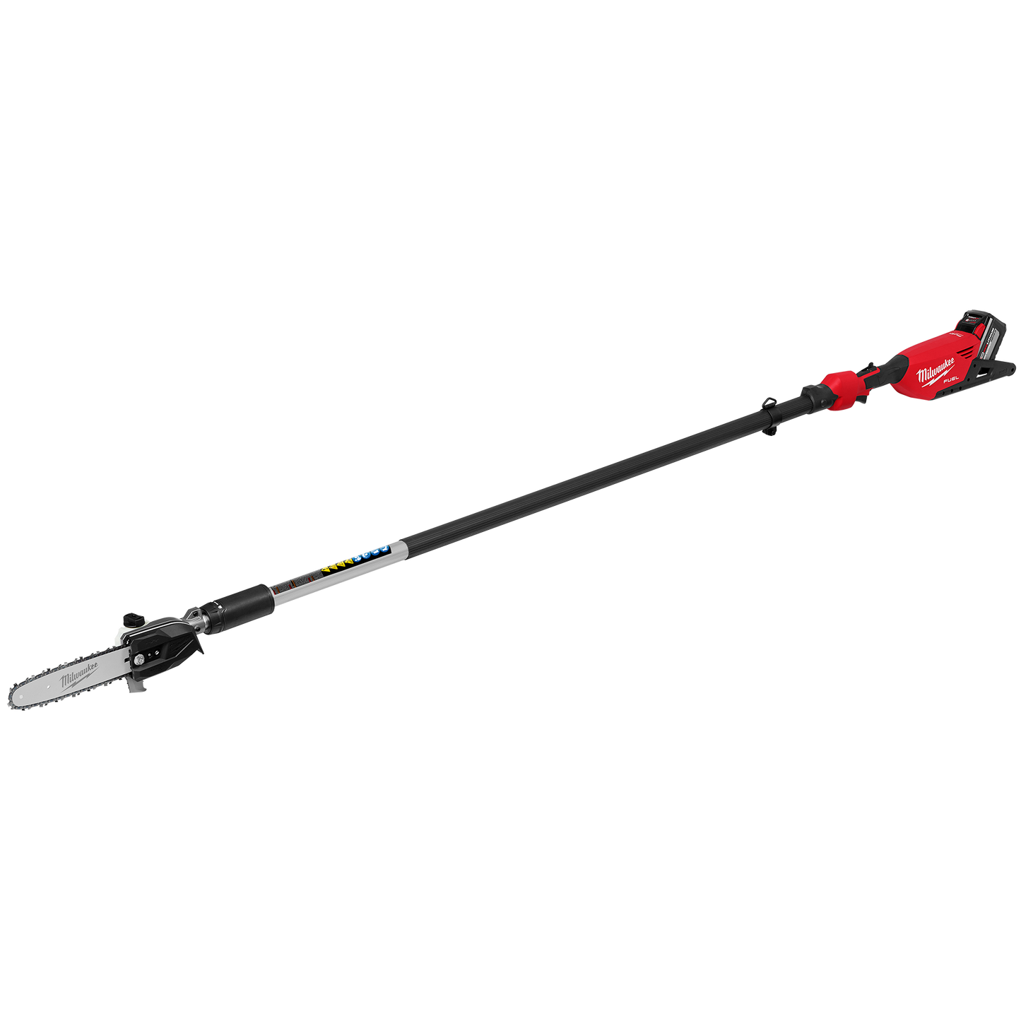 Red and black cordless telescoping pole saw with compact brushless motor for outdoor power equipment and home improvement tasks