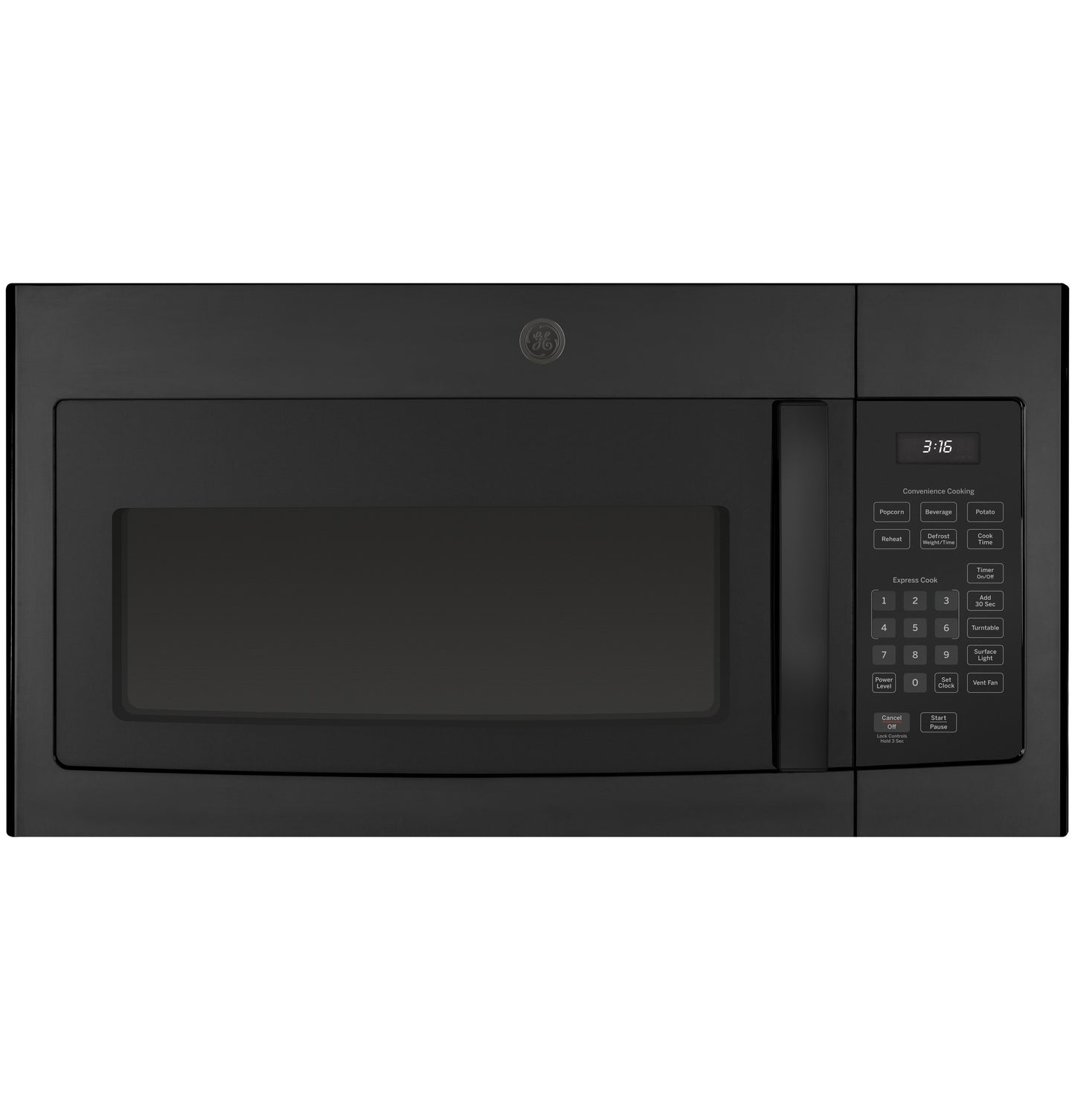 Black over-the-range microwave oven with digital control panel and window in kitchen appliances collection