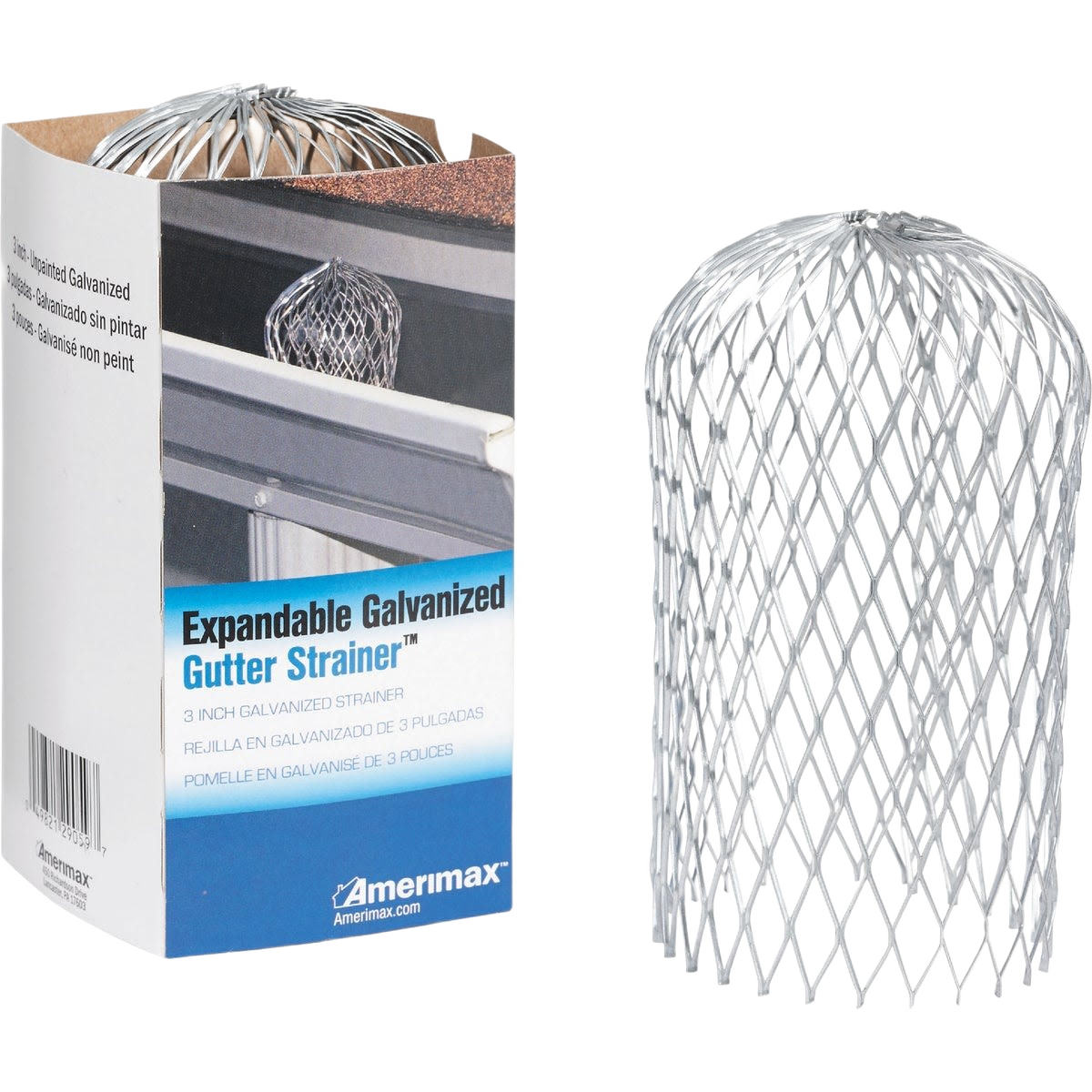 Expandable galvanized metal gutter strainer with diamond pattern mesh for debris prevention in home improvement projects
