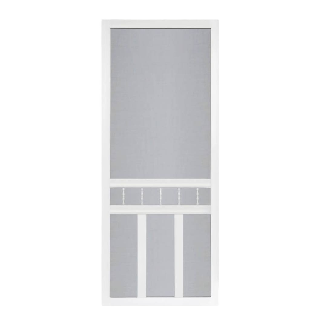 White vinyl screen door with durable mesh and decorative vertical and horizontal rails for home improvement projects