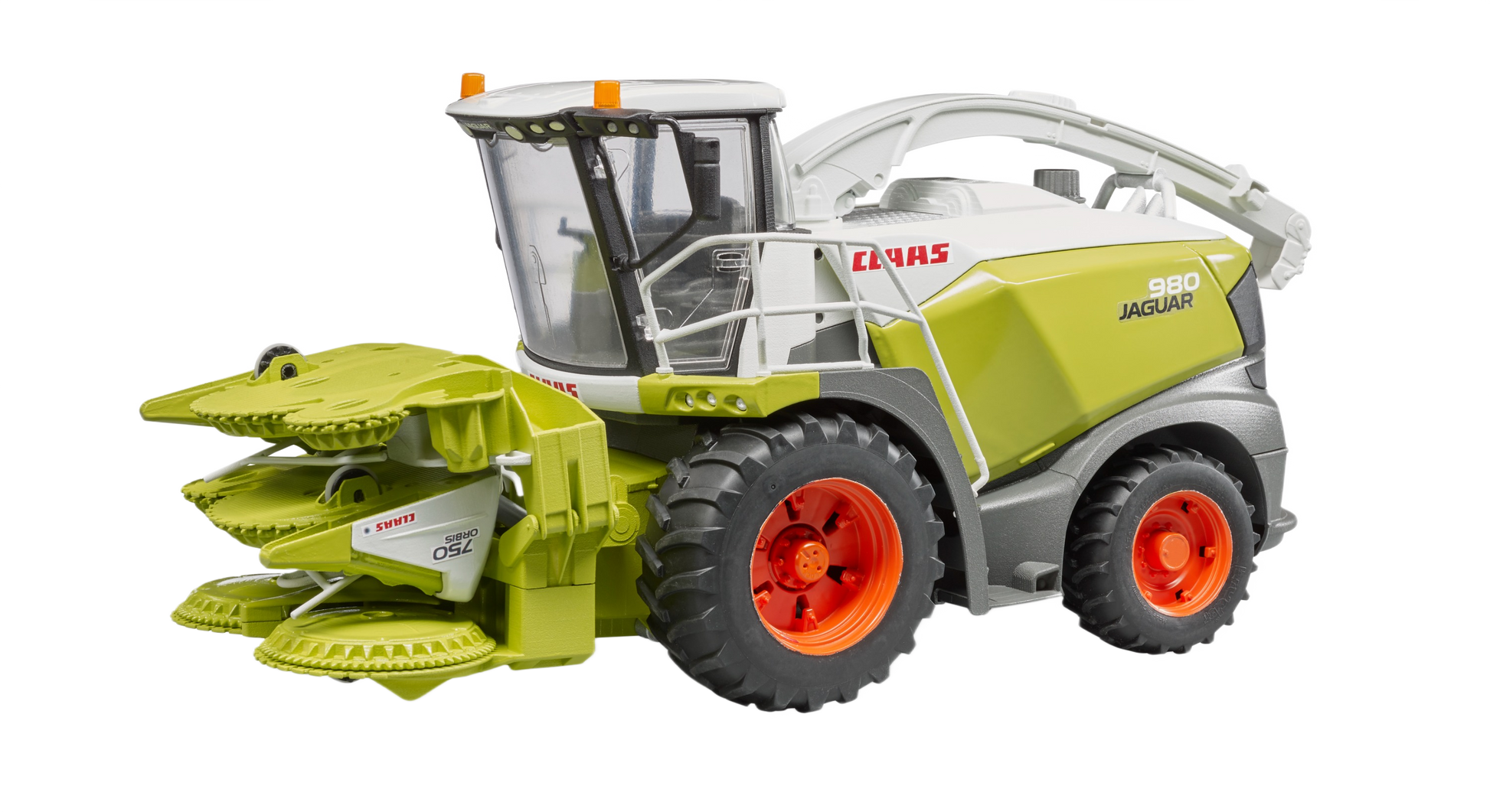 1:16 scale model of Claas Jaguar 980 forage harvester with detailed green and gray body and bright orange wheels