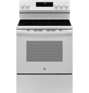 White freestanding electric range with smooth glass cooktop and digital control panel from modern kitchen appliances collection