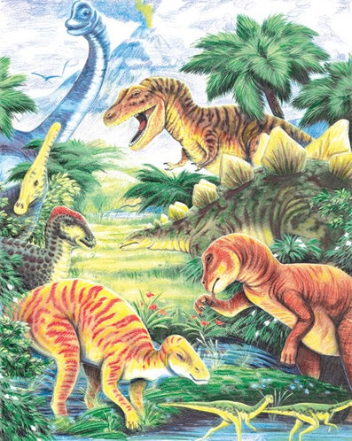 Colorful hand-drawn dinosaurs in a lush prehistoric landscape with volcano and palm trees in the background