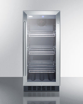 Slim-built beverage center with glass door and tinted finish, featuring wire shelving and digital temperature control for kitchen appliances.