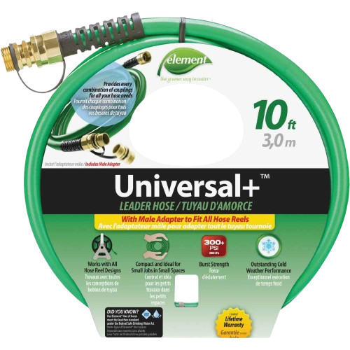 Green universal leader hose with male adapter, compact design for lawn and garden watering and irrigation tasks