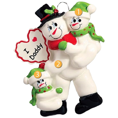 Snowman ornament with large dad hugging two kids, one holding heart-shaped "I Daddy" sign for Christmas decoration