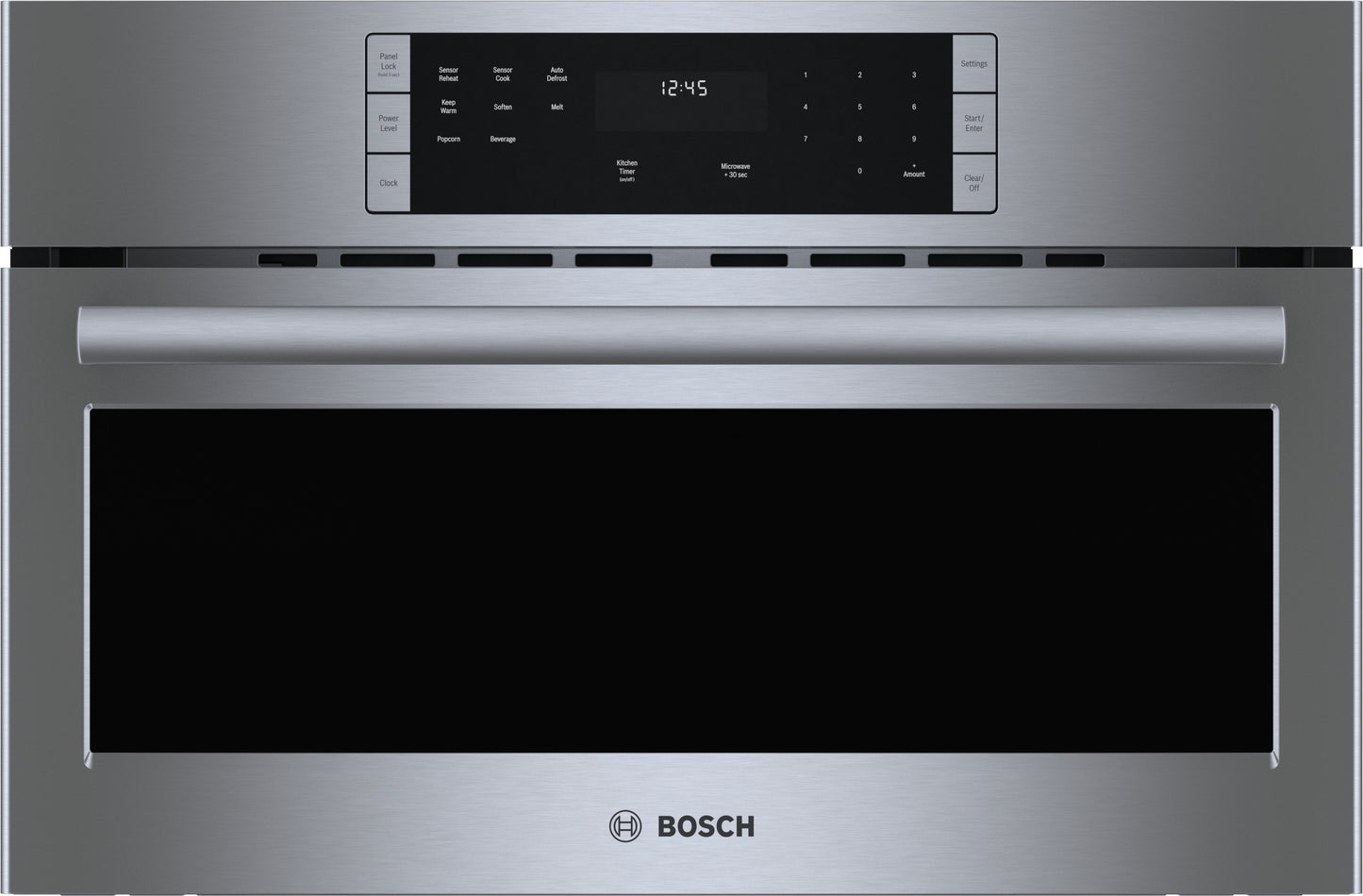 Stainless steel built-in microwave oven with digital control panel and sleek horizontal handle for modern kitchens